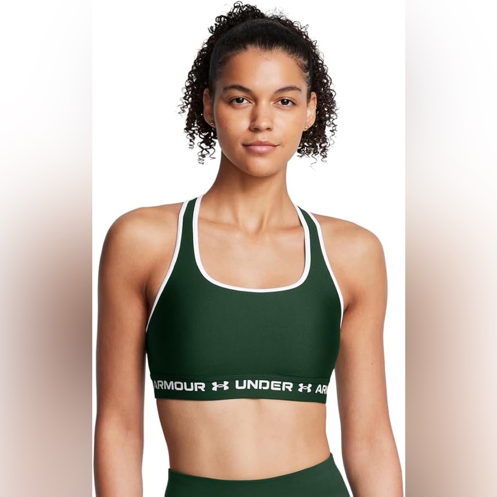 Under Armour Women's Cross-back Mid Impact Sports Bra in Forest Green/White NWT